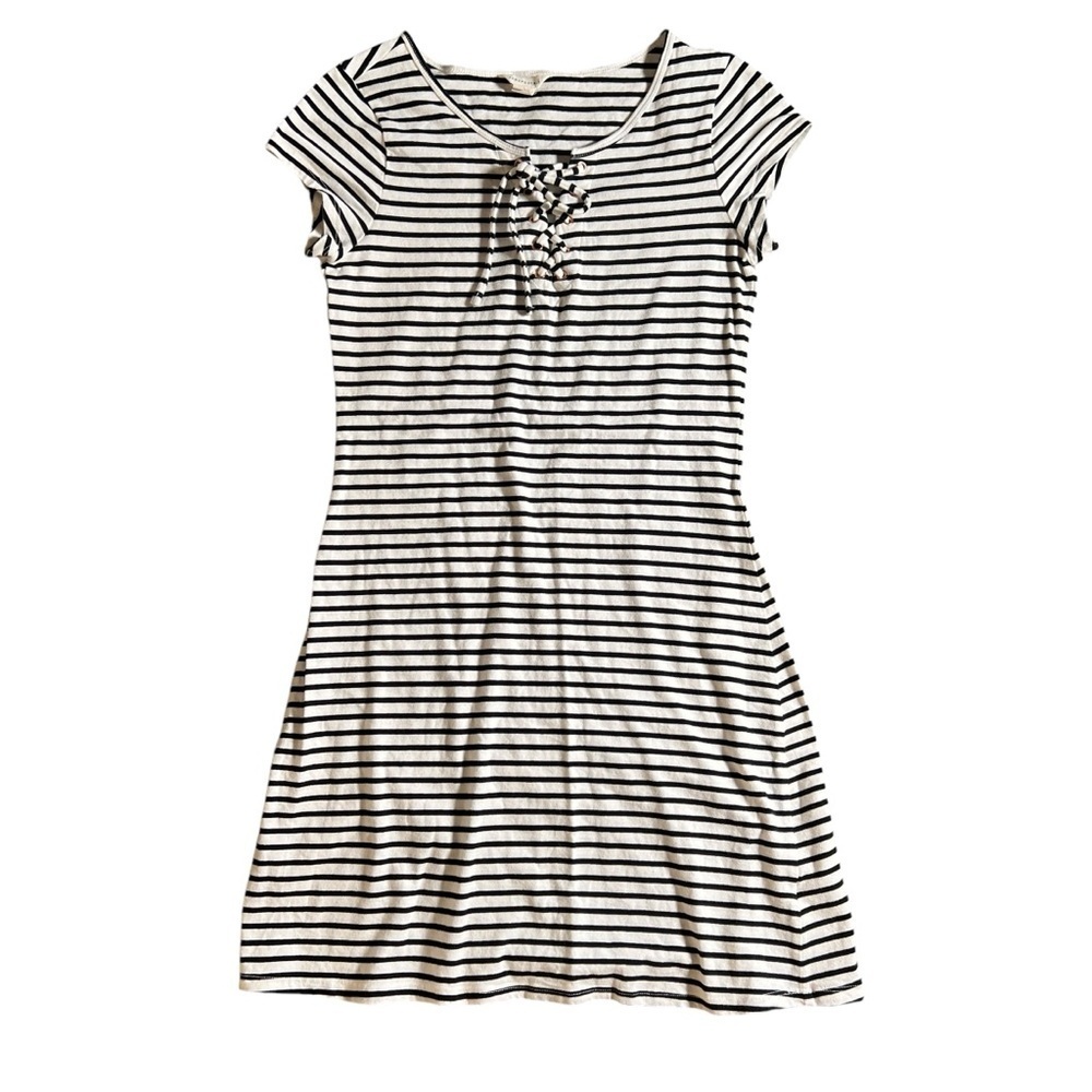 Aeropostale Black + White Stripe Nautical Baby Doll Bodycon Dress w/ Corset Tie